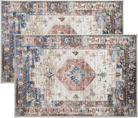 2 Pcs Washable Indoor Doormat,Non Slip Retro Floor Mat 24" x 36" Area Rug Absorbent Entrance Rug Distressed Front Door Mat,Welcome Mats Entryway Rug Doormats for Kitchen Home Patio