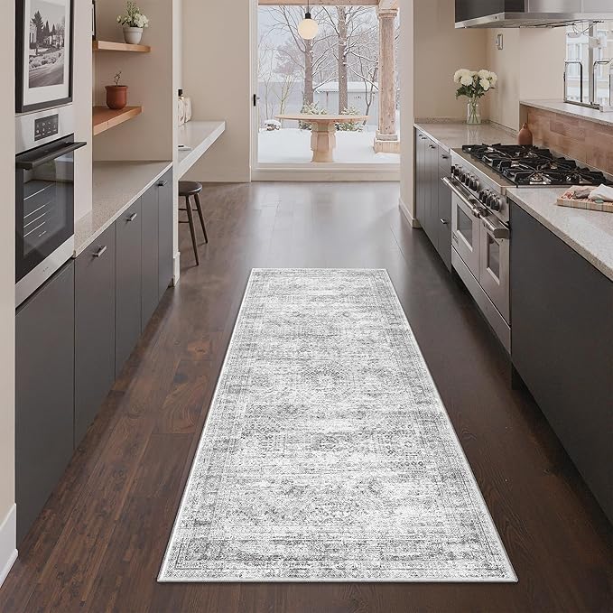 3x6 Runner Rug Non Slip, Thin Entryway Washable Rug for Entryway, Runners for Hallways, Low Pile Vintage Abstract Soft Rugs for Living Room, Kitchen, Bedroom (3'x6', Grey/Ivory')
