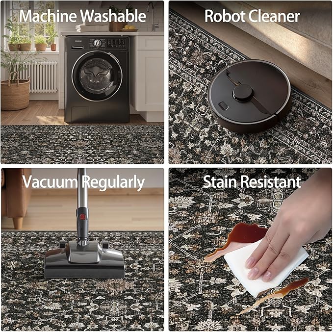 DCX Machine Washable Black Area Rug 5x7, Non Slip Stain Resistant Vintage Area Rug for Living Room Diningroom Bedroom Nursery, Soft Low Pile Large Carpet