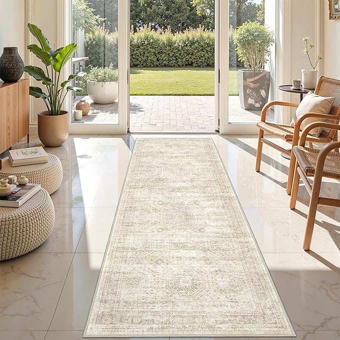 2x7 Runner Rug Non Slip, Thin Entryway Washable Rug for Entryway, Runners for Hallways, Low Pile Vintage Abstract Soft Rugs for Living Room, Kitchen, Bedroom(2'x7', Beige/Ivory')
