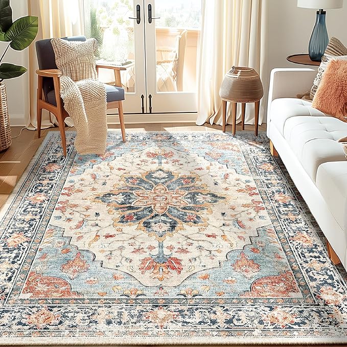 Area Rugs 5'x7' Washable Non-Slip, Floral Vintage Distress Print Pattern Medallion Carpet for Living Room Bedroom Dining Room, Beige Navy Blue Orange Colorful