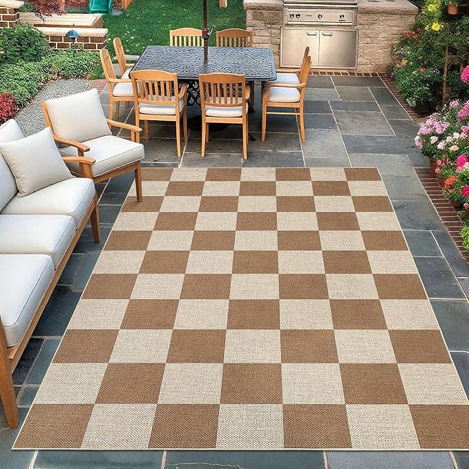 GAOMON 8x10 Rug Non Skid Throw Rugs Bedroom Neutral Area Rugs for Living Room Washable Jute Rug for Dining Room Modern Checkerboard Area Rug for Classroom Stain Resistant Farmhouse Rugs Brown