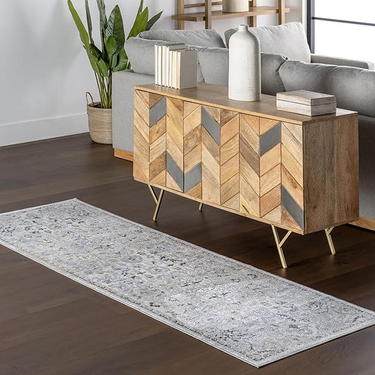 nuLOOM SpinClean Cady Blue/Cream, 2'8" x 8', Vintage Oriental, Soft and Cozy, High Traffic, Stain Resistant, Easy Clean, Durable, Machine Washable Runner for Bedroom, Living Room, Dining, Foyer