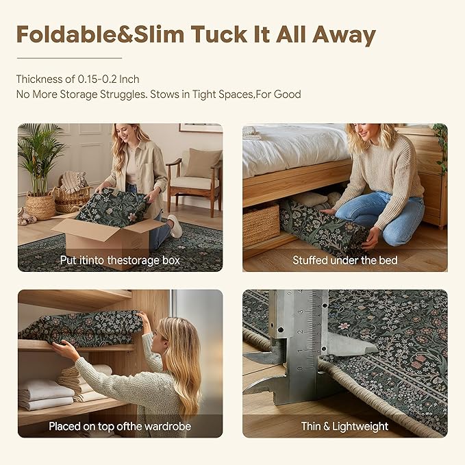 HUGEAR Vintage Floral Machine Washable 5x7 Area Rugs Black Green Living Room Bedroom Rug Retro Neutral Stain Resistant Non Slip Low Pile Throw Carpet for Office Dining Aesthetic Modern Decor
