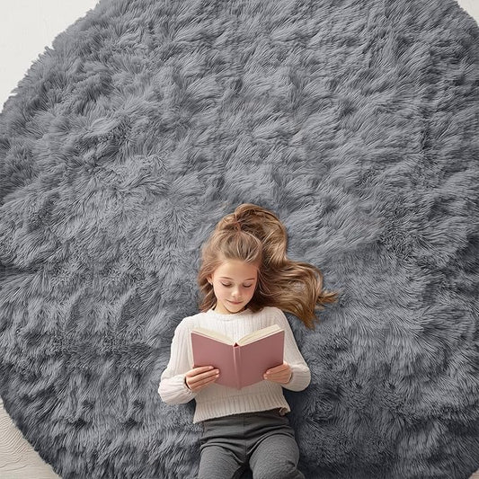 OLANLY Grey Round Rugs for Bedroom - Machine Washable, 8 ft Circle Area Rugs for Living Room, Soft and Fluffy Shaggy Carpet for Teen Girls and Boys, Nursery Rooms, Dorms, Home Decor Aesthetic