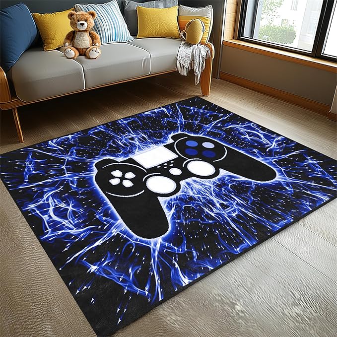 BATATADOCE Game Controller Gaming Rugs Art Abstract Background Open Space Gamer Rug Hyperspace Home Decoration for Teen Boys Game Style Bedroom Living Playing Room Black Blue