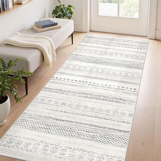 Area Rug Living Room Rugs - 3X8 Washable Boho Farmhouse Bohemian Neutral Large Moroccan Geometric Soft No Slip Indoor Thin Floor Carpet for Bedroom Under Dining Table Home Office - Grey
