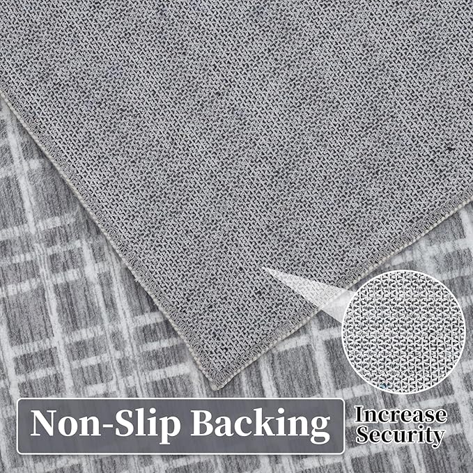 Washable Runner Rug for Entryway 2x6 Modern Plaid Non Slip Kitchen Rug Bathroom Rugs Grid Throw Rugs Soft Faux Wool Stain Resistant Carpet for Laundry Hallway Bedside 2'x6' Grey