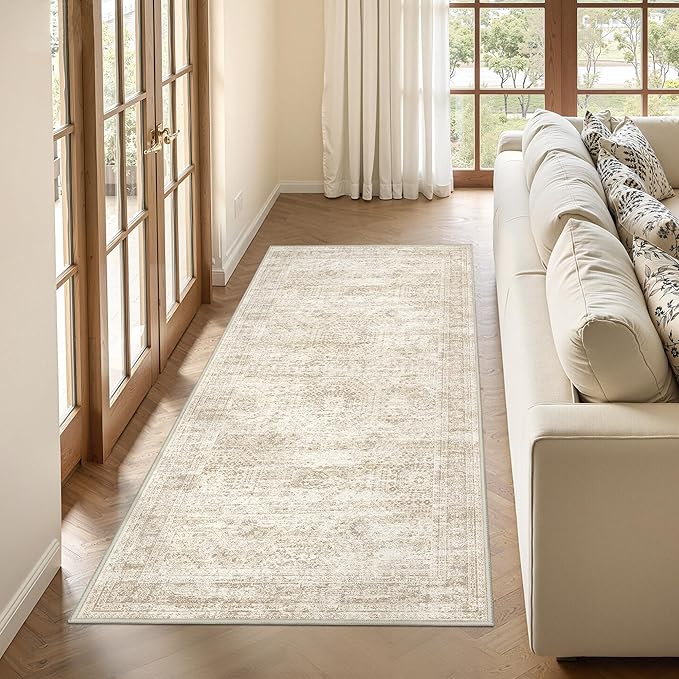 3x6 Runner Rug Non Slip, Thin Entryway Washable Rug for Entryway, Runners for Hallways, Low Pile Vintage Abstract Soft Rugs for Living Room, Kitchen, Bedroom(3'x6', Beige/Ivory')