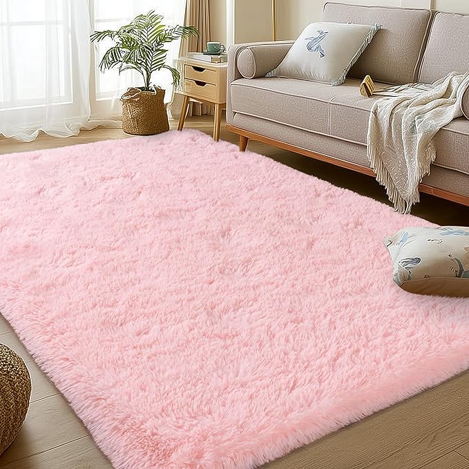 Pink Rugs for Bedroom Girls, 4x5.9 Shag Carpet for Living Room, Fluffy Shaggy Area Rug for Kids Room, Soft Non Slip Aesthetic Decor for Home