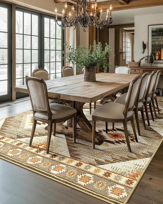 Area Rug 5x7 Rug Machine Washable Non-Slip Low Pile Print Pattern Western Rug for Living Room Bedroom Entryway Tribal Series -Cream/Camel