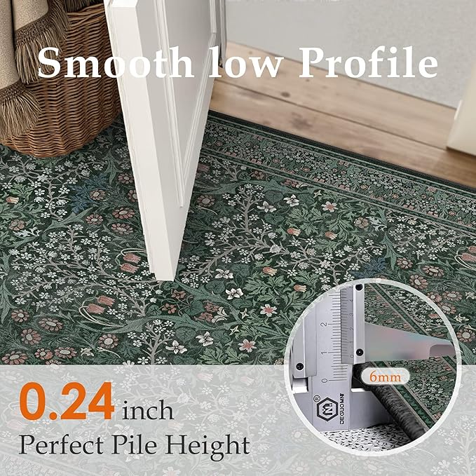 HUGEAR Vintage Floral 2x8 Machine Washable Runner Rugs Green Hallway Rug Retro Neutral Stain Resistant Non Slip Low Pile Throw Carpet for Bedroom Kitchen Aesthetic Modern Decor