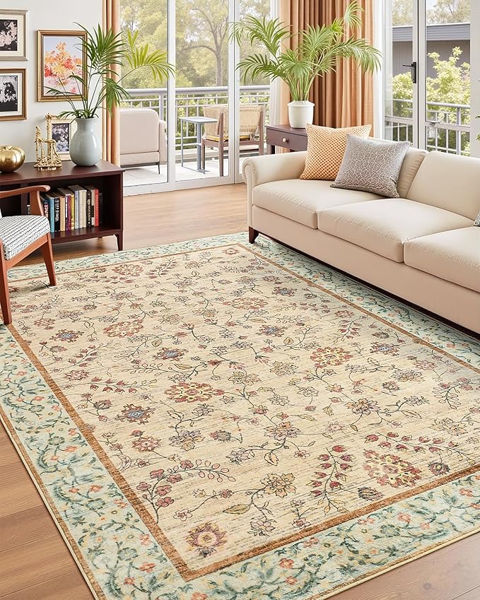 6x9 Area Rugs for Living Room, Boho Washable Bedroom Rug, Vintage Floral Non Slip Rugs, Soft Low Pile Carpet for Kitchen Dining Room Office Farmhouse, Beige/Green