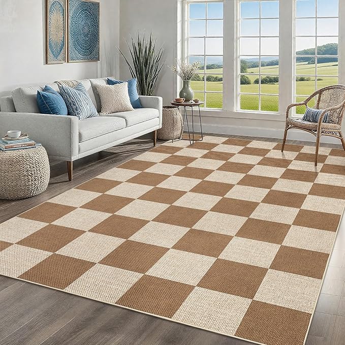 GAOMON 8x10 Rug Non Skid Throw Rugs Bedroom Neutral Area Rugs for Living Room Washable Jute Rug for Dining Room Modern Checkerboard Area Rug for Classroom Stain Resistant Farmhouse Rugs Brown