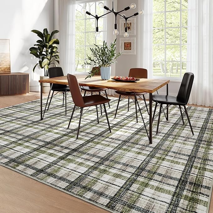 Washable Area Rug 8x10 Rug for Living Room Modern Non Slip Throw Rugs Farmhouse Large Rugs for Bedroom Low Pile Non Shedding Stain Resistant Carpet for Dining Room 8'x10' Green&Taupe