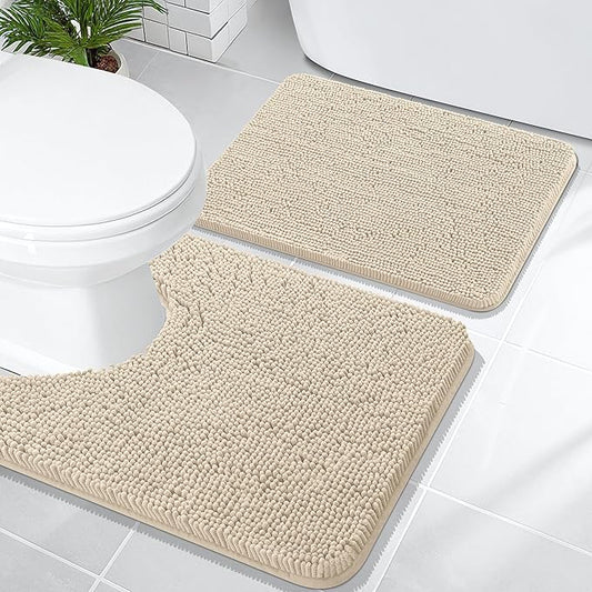 OLANLY Bathroom Rugs Sets 2 Piece, Soft Absorbent Chenille Bath Mats and U-Shaped Contour Toilet Mat Area Rug Set, Machine Washable Bath Carpet, Home Decor Accessories(24"x16"+24"x20", Sand)