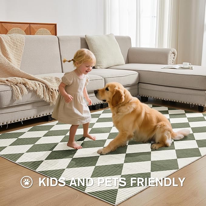 6x9 Washable Checkered Rugs for Bedroom, Green and White Area Rug for Living Room, Geometric Faux Wool Carpet for Kids, Girls, Boys Playroom, Dorm, Nursery, Dining Room, Kitchen, Non Slip