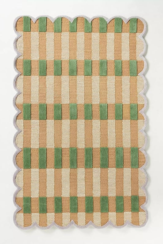 Hand-Tufted Wool Area Rug with Scalloped Edges, Beige and Green Plaid Pattern, Cozy and Soft Accent Rug for Living Room, Bedroom, and Nursery, Handmade Decorative Rug, 3x5 Ft