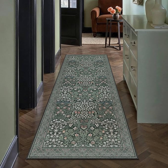 HUGEAR Vintage Floral 2x6 Machine Washable Runner Rugs Green Hallway Rug Retro Neutral Stain Resistant Non Slip Low Pile Throw Carpet for Bedroom Kitchen Aesthetic Modern Decor