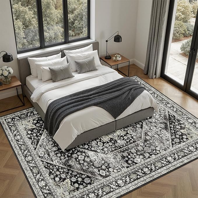 DCX Machine Washable Black Area Rug 5x7, Non Slip Stain Resistant Vintage Floral Rug for Living Room Bedroom Nursery, Soft Low Pile Large Carpet