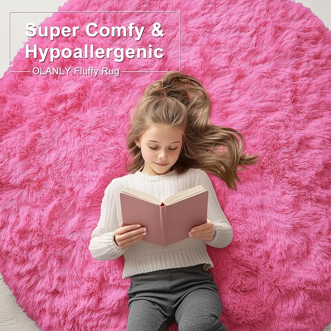 OLANLY Hot Pink Round Rugs for Bedroom - Machine Washable, 8 ft Circle Area Rugs for Living Room, Soft and Fluffy Shaggy Carpet for Teen Girls and Boys, Nursery Rooms, Dorms, Home Decor Aesthetic
