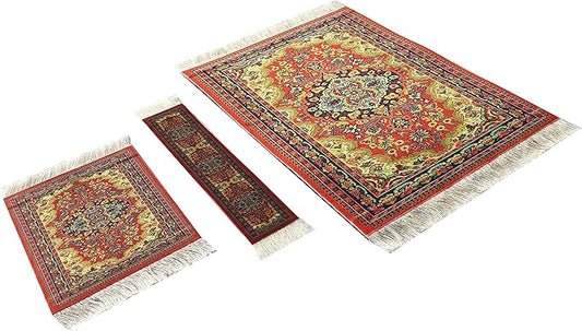 3-Piece Carpet-Style Desk Set – Red Mouse Pad, Mini Rug Coaster & Bookmark, Colorful Elegant Office Accessories, Novelty Gift