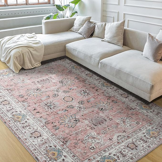 5x7 Washable Area Rug, Large Boho Rugs for Living Room, Pink Rugs for Bedroom Girls Dining Room Office, Anti Slip Low-Pile Stain Resistant Printed Vintage Floral Carpet Christmas Decor