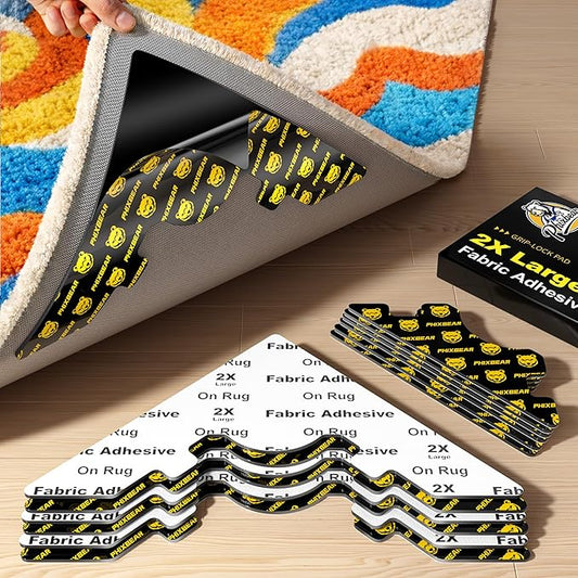 Extra Wide Rug Tape, Strong Hold Anti-Slip Rug Pads Grippers, Dual-Layer Design Rug Tape, Holds Carpet in Place on Hardwood Floors and Tiles, Washable & Reusable & No Residue, Black 12 Pcs