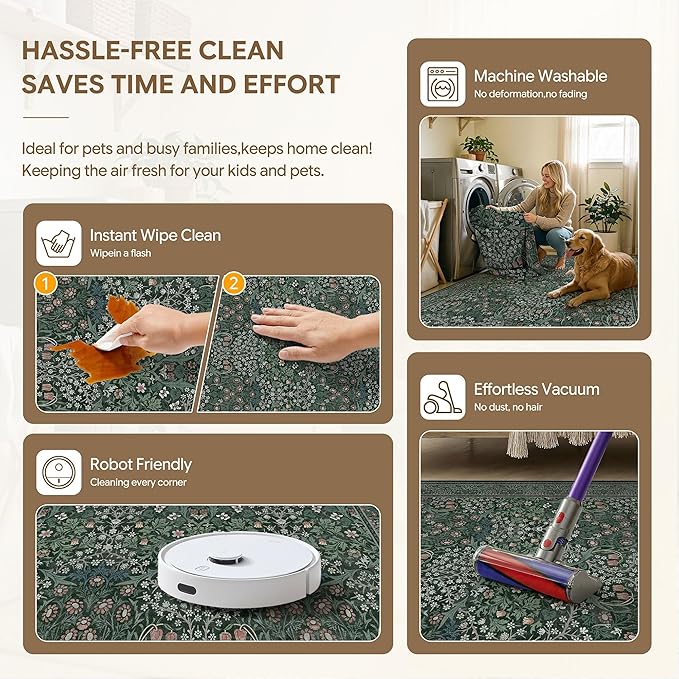HUGEAR Vintage Floral 2x6 Machine Washable Runner Rugs Green Hallway Rug Retro Neutral Stain Resistant Non Slip Low Pile Throw Carpet for Bedroom Kitchen Aesthetic Modern Decor