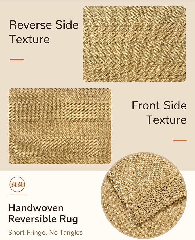 BESTSWEETIE 2x6 Washable Rug Hand-Woven Low Pile Soft Modern Farmhouse Bohemian Decor Reversible Braided Rugs with Tassels Throw Carpet for Living Room Bedroom Entryway Bathroom, Natural Jute