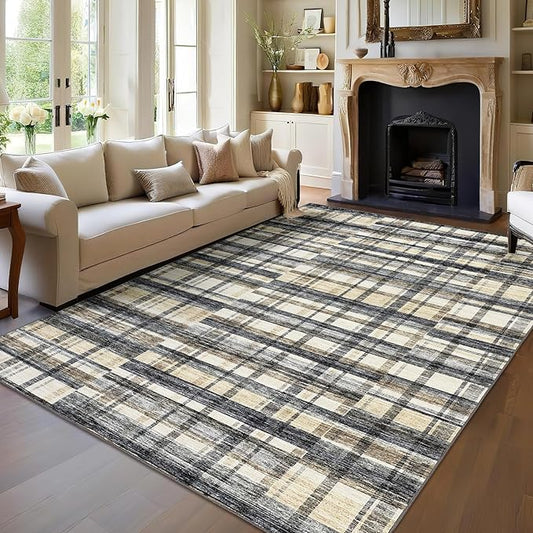 Plaid Area Rugs 8x10 Rug for Living Room Washable Non Slip Throw Rugs Large Area Rug Low Pile Bedroom Rug Stain Resistant Carpet for Classroom Office Nursery, Blue/Beige 8'x10'