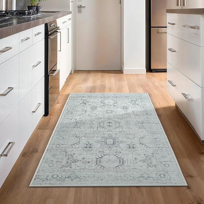 GLN Rugs Bohemian Collection - Machine Washable Area Rug, Bohemian Vintage, Non Slip, Low Pile Chenille Rug, Living Room, Bedroom, Bathroom Rug (2'6"x7' Beige and Gray)