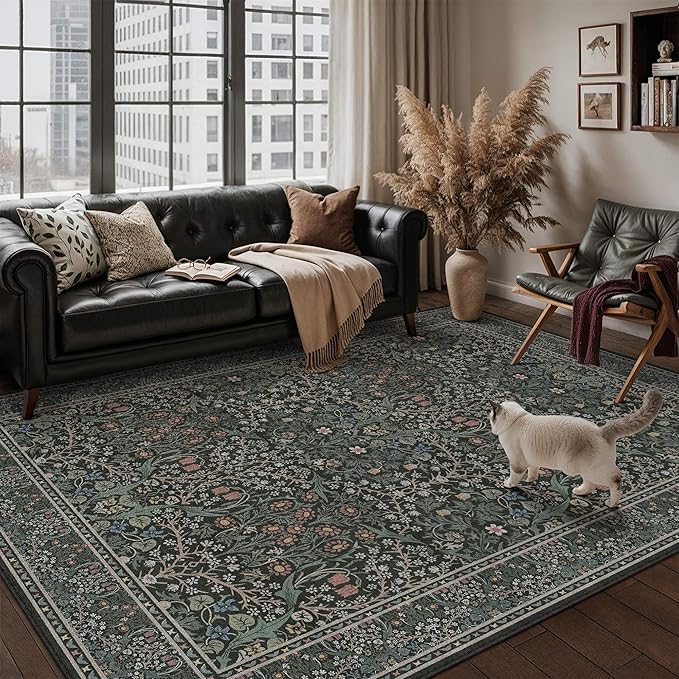HUGEAR Vintage Floral Machine Washable 5x7 Area Rugs Black Green Living Room Bedroom Rug Retro Neutral Stain Resistant Non Slip Low Pile Throw Carpet for Office Dining Aesthetic Modern Decor