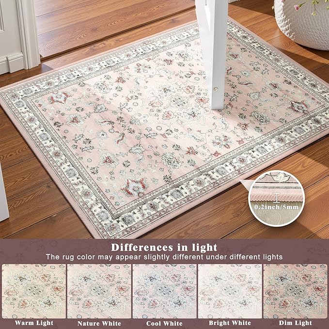 4x6 Light Pink Washable Boho Area Rug for Living Room, Vintage Floral Non Slip Bedroom Rugs, Wool Low Pile Indoor Mat, Aesthetic Pattern Carpet for Kitchen, Office and Bedside