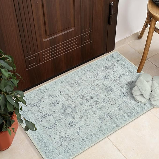 GLN Rugs Bohemian Collection - Machine Washable Area Rug, Bohemian Vintage, Non Slip, Low Pile Chenille Rug, Living Room, Bedroom, Bathroom Rug (2'x3' Beige and Gray)