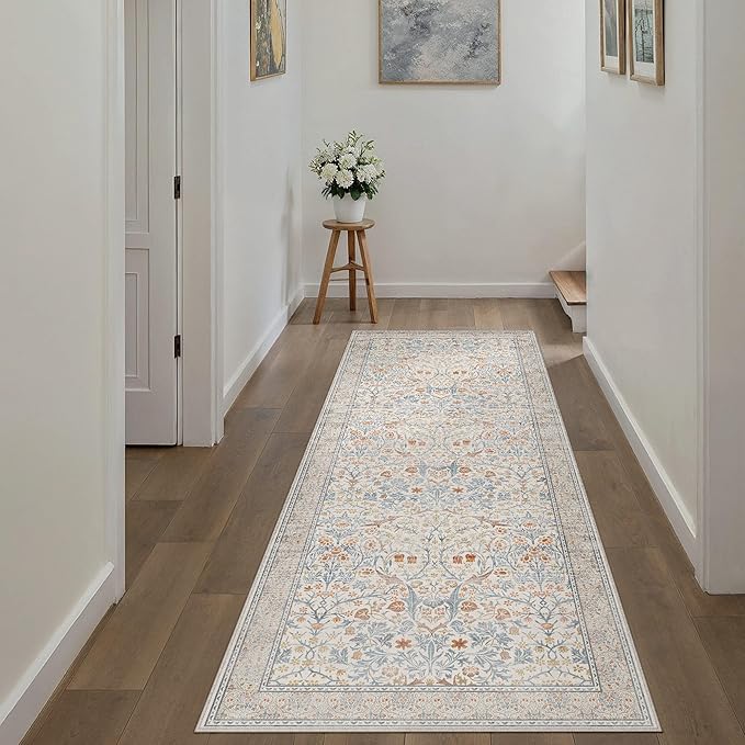 HUGEAR Vintage Floral 2x6 Machine Washable Runner Rugs Beige Hallway Rug Retro Neutral Stain Resistant Non Slip Low Pile Throw Carpet for Bedroom Kitchen Aesthetic Modern Decor