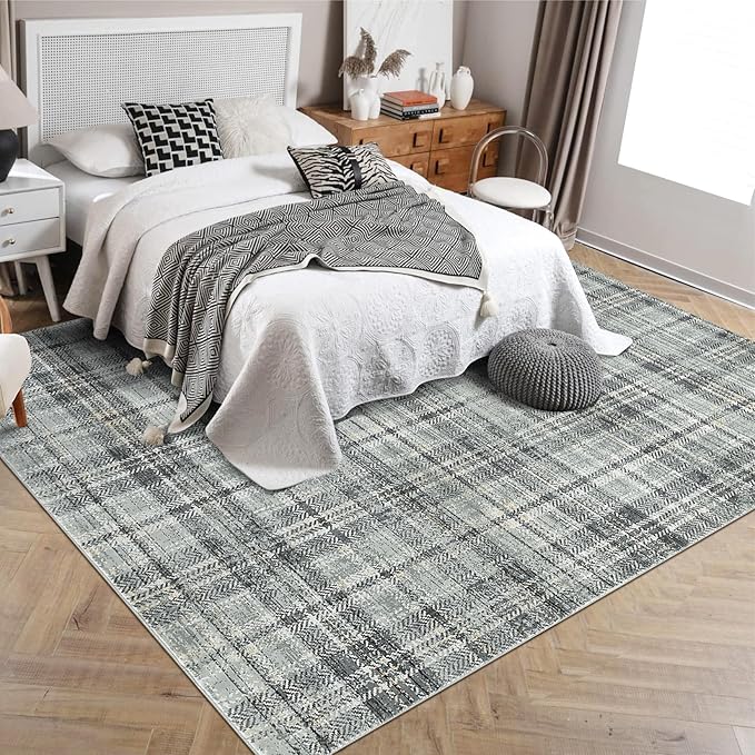 Washable Rugs 9 x 12 Rug for Living Room Soft Bedroom Rug Modern Plaid Large Area Rug Non Shedding Non Slip Throw Rugs Stain Resistant Carpet for Dining Room Nursery 9'x12' Greenish Grey