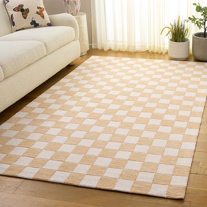 SAFAVIEH Area Rug 6x9 - Ebony Collection - Gold & Ivory, Handmade Wool, Checkered Design, Ideal for Living Room, Bedroom, Dining Space (EBN175D)