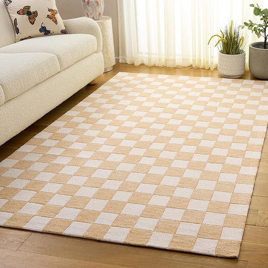 SAFAVIEH Area Rug 4x6 - Ebony Collection - Gold & Ivory, Handmade Wool, Checkered Design, Ideal for Living Room, Bedroom, Dining Space (EBN175D)