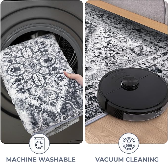 KOZYFLY Boho Area Rug 5x7 Ft Thin Rugs for Living Room Washable Bedroom Rug Non Slip Rugs for Living Room Printed Faux Wool Bedroom Rug Floor Carpet for Dining Room, Grey