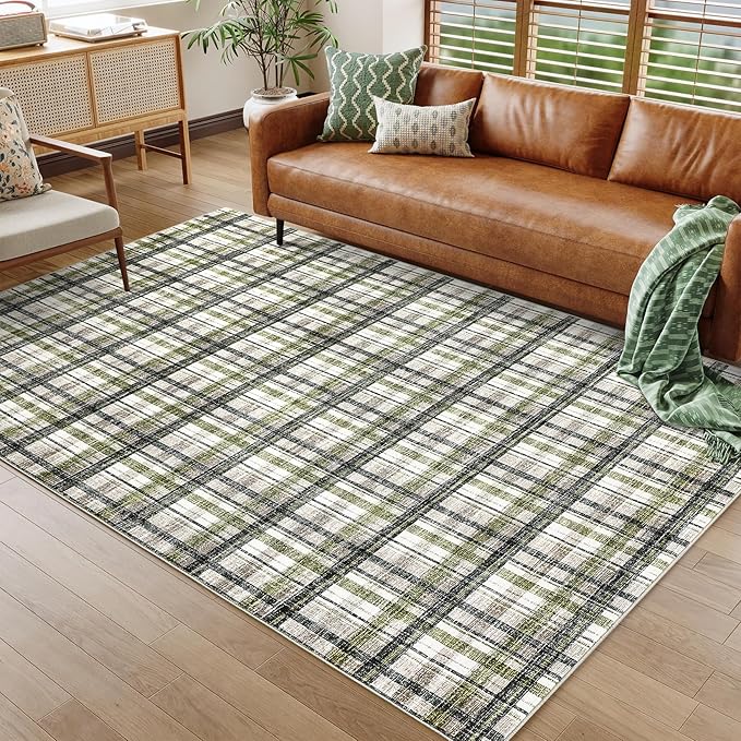 Washable Area Rug 8x10 Rug for Living Room Modern Non Slip Throw Rugs Farmhouse Large Rugs for Bedroom Low Pile Non Shedding Stain Resistant Carpet for Dining Room 8'x10' Green&Taupe