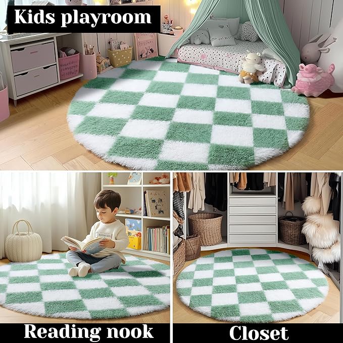 KICMOR Round Rugs 5ft for Bedroom Living Room, Fluffy Soft Circle Area Rug Fuzzy Shag Shaggy Carpet, Sage Green and White Checkered Circular Rug for Kids Boys Girls Room Nursery Home Decor Aesthetic