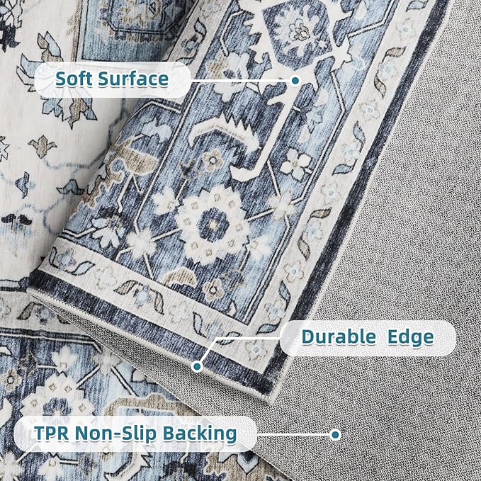Dripex Washable Area Rug 6x9 Living Room Rug Stain & Water Resistant Foldable Thin Vintage Rugs Faux Wool Floor Carpet for Bedroom Dining Room Kitchen Bathroom Farmhouse Office