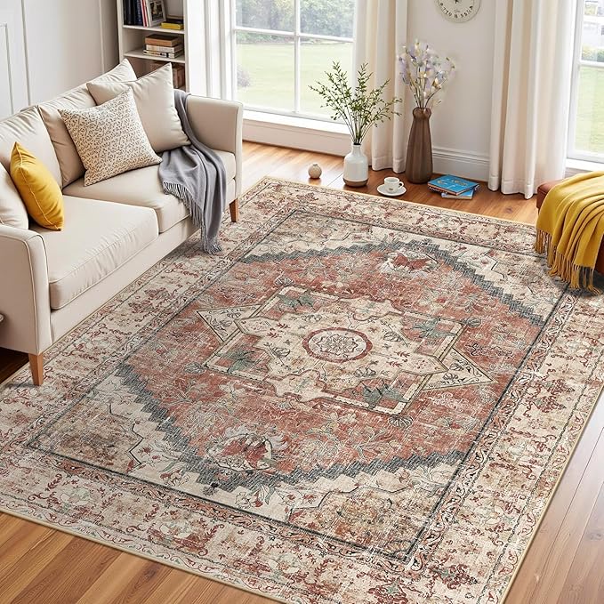 Area Rugs 5x7, Washable Rugs for Living Room, Non-Slip Rug, Boho Medallion Rug, Distressed Carpet, Low Pile Boho Rugs for Bedroom Dining Room