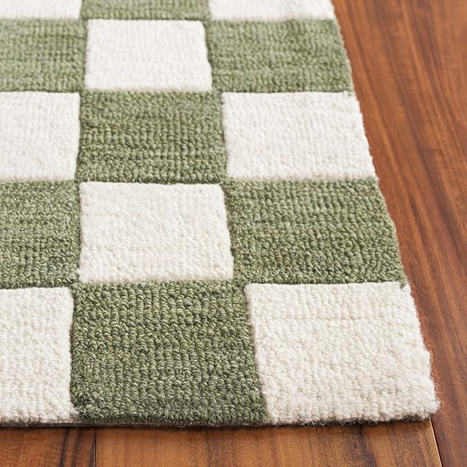 SAFAVIEH Ebony Collection Runner Rug - 2'3" x 8', Green & Ivory, Handmade Wool, Checkered Pattern, Ideal for Living Room, Hallway, Foyer, Bedroom (EBN175Y-28)
