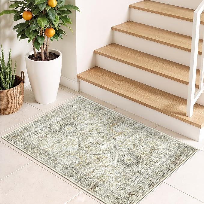 2x3 Washable Rug Runner for Bathroom, Soft Entryway Rug for Laundry Room, Kitchen, Vintage Abstract Hallway Runner for Bedroom, Anti-Slip Door Mat Indoor Entrance(2'x3', Grey/Yellow)