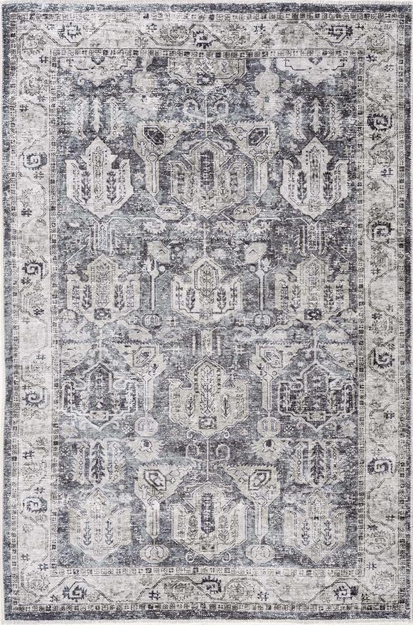Hauteloom Carnig Bohemian Vintage Medallion Area Rug - Farmhouse Oriental Carpet for Living Room, Bedroom - Machine Washable- Off White, Dusty Blue, Charcoal - 6'7" x 9'