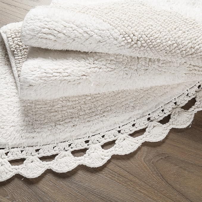 Savi Home Half Moon Circle Bohemian Bathroom Rug with Handwoven Chrochet Border, Beautifully Handcrafted 100% Cotton Mat - 22x42, Half Round Bedroom Rug, Boho Bathroom Décor,Machine Washable -White