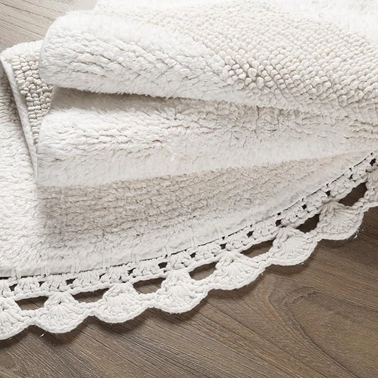Savi Home Half Moon Circle Bohemian Bathroom Rug with Handwoven Chrochet Border, Beautifully Handcrafted 100% Cotton Mat - 22x42, Half Round Bedroom Rug, Boho Bathroom Décor,Machine Washable -White