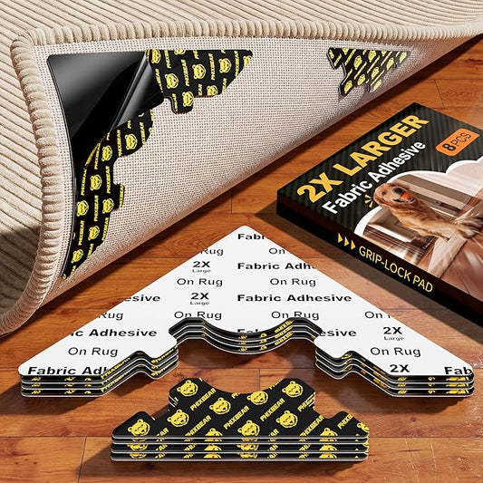 Extra Large Rug Tape, Strong Hold Anti-Slip Rug Pads Grippers, Holds Carpet in Place on Hardwood Floors and Tiles, Washable & Reusable & No Residue, Black 8Pcs